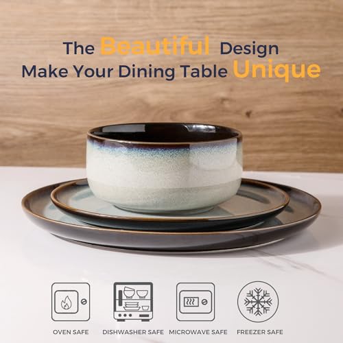 Image of LERATIO Ceramic Dinnerware Sets for 8,Plates and Bowls Sets,Reactive Glaze Dishes Set,Highly Chip and Crack Resistant | Dishwasher & Microwave & Oven Safe Dishes set,Service for 8-Gray White(24pcs)