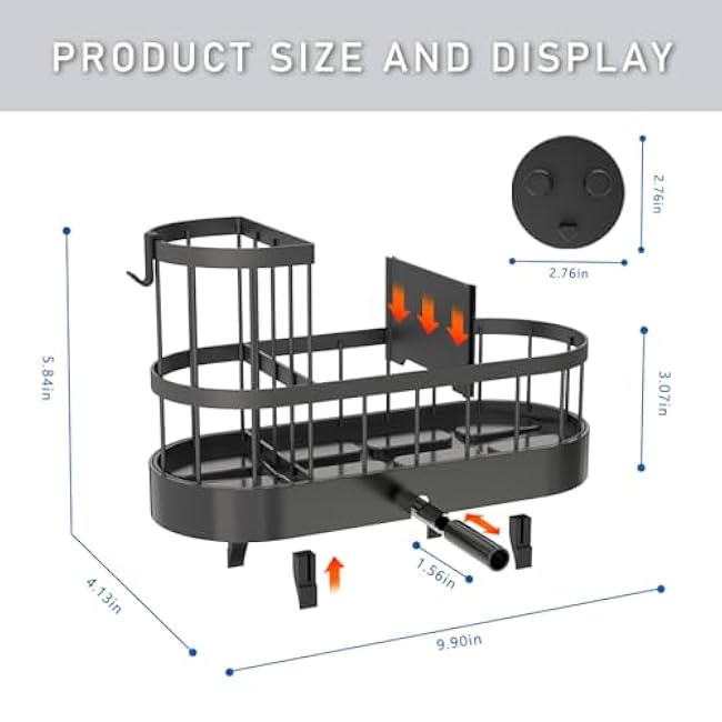 Sponge Holder for Kitchen Sink, Stainless Stee Sink Caddy with High Brush Holder, Self-Draining Sponge Caddy, Soap Dispenser Storage, Kitchen Accessories for Organization (Black, L)