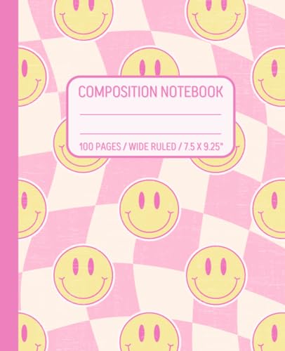 Composition Notebook Wide Ruled: Pink Checkered Happy Face Y2K Aesthetic Journal For Classroom or Office | Preppy School Supplies For Teen Girls image 2