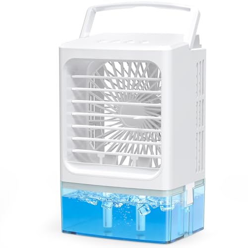 Mini Klimaanlage Ventilator 4-in-1 Lüfter Luftkühler mit Befeuchter & LED Licht 900ml Wassertank 3 Geschwindigkeiten 60 Verstellbar USB 5V Leise Mobiler Air Cooler für Büro Schlafzimmer Auto