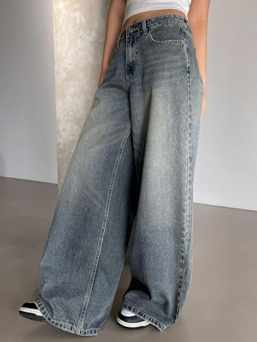 Image of Shasmi Women's Black Wide Leg Baggy Jeans | Loose Fit Denim Pants for Women | High Rise Streetwear | Casual Oversized Wide Leg Denim | Korean Style Baggy Trousers with Pockets (Jeans 296)