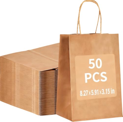 50 Brown Paper Bags with handles (8.27×5.91×3.15 inch) Designed for convenience and creativity, made from durable, recyclable materials, gift packaging, takeout, event celebration