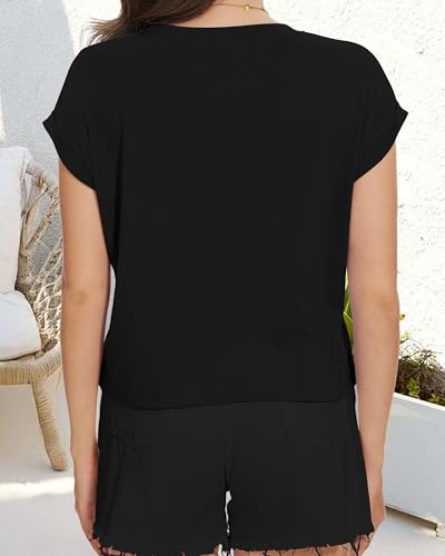 Image of Womens Crop Tops Summer Roll Cap Sleeve Cropped Tshirt Loose Fit Basic Tees