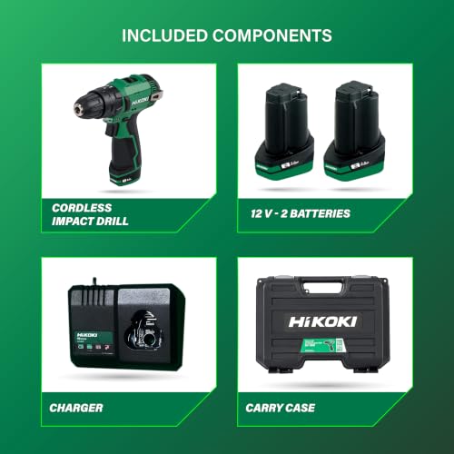 Image of HIKOKI DV12DE - Cordless Impact Driver Drill, 12V With 10mm Keyless Drill Chuck, 2 Speed Gear, 35 Nm Tightening Torque, Built-In Led Light, 1 Kg, 2 Batteries, Charger & Carry Case Included