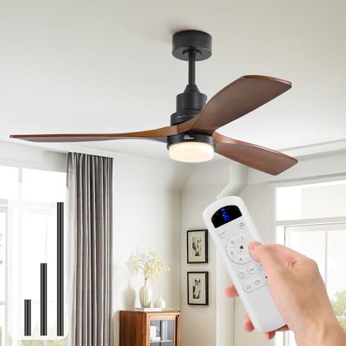 Sofucor 52 inch Solid Wood Ceiling Fan with Light, Quiet 6-Speed 3 Blades Reversible LED Ceiling Fan, Farmhouse Rustic Fan with Dimmable Light for Living Room Bedroom Home Office Cafe Patio Porch