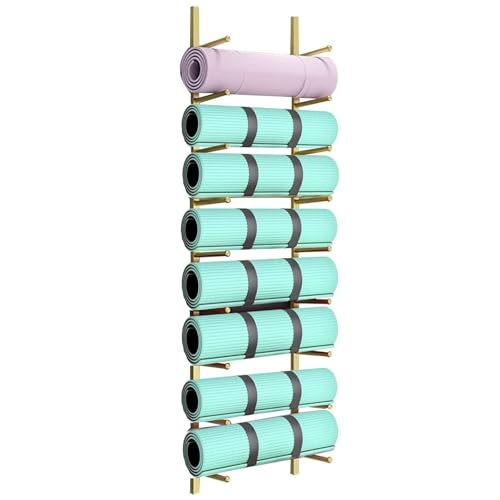 Estantería metálica de pared con soporte multinivel para esterillas de yoga y rodillos