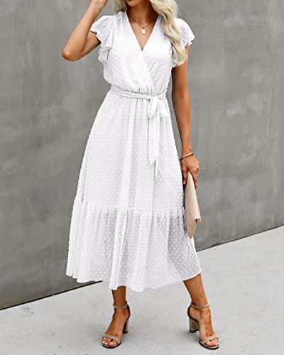 Image of BTFBM Women Summer Bohemian Floral Casual Wrap V Neck Ruffle Cap Sleeveless Belt A-Line Pleated Hem Midi Sun Dress White