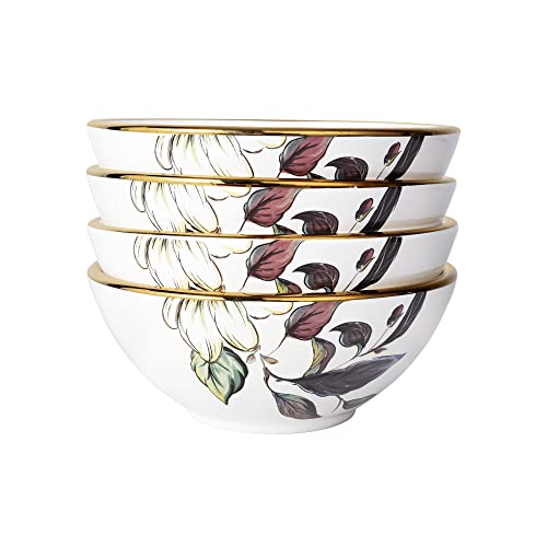 fanquare Juego de 4 Cuencos de Porcelana para Ensalada, Cuenco de Cereal Japonés con Flores y Hojas de 280 ml, Cuenco de Ramen Apilable, Pequeño Cover