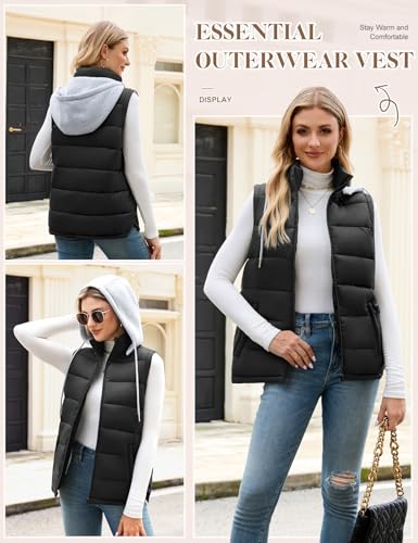 Tuopuda Damen Weste Steppweste Westen Ärmellos Jacke Herbstmantel Damen Kurz Outdoor Vest Gilet mit Kapuze und Taschen(Schwarz,M)