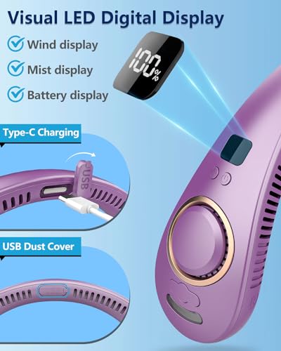 Image of Neck Fans Portable Rechargeable Personal Misting Fan,Fold Up Compact Necklace Fan with Mist,Soundless Powerful Mobile Body Air Cooler with Digital LED Display, Presents for Adults Kids Elderly Purple
