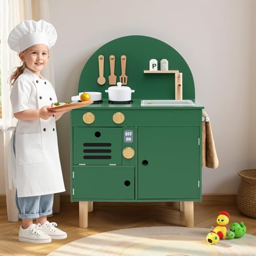 Costzon Kids Kitchen Playset, Little Chef Pretend Play Kitchen w/Stoves, Faucet, Sink, Microwave, Cabinet, Oven & Cooking Accessories, Wooden Play Kitchen for Kids 3+ Years Old (Green) - Image 9