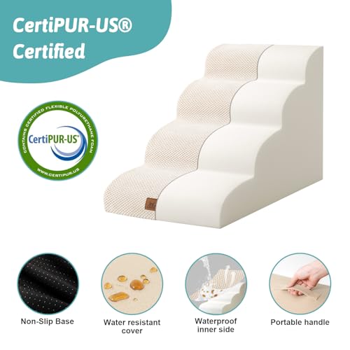 COZY KISS Hundetreppe für Kleine Hunde 50cm, Haustiertreppe für Bett aus Hochdichtem Schwamm, Hunde Treppe Hunderampe mit Waschbarem Bezug und Rutschfestem Boden, 40x72x50cm, 4 Stufen, Beige