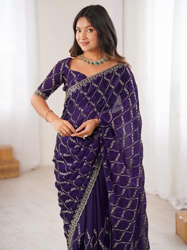 Image of AKHILAM Women's Shimmer Chiffon Heavy Sequence Embroidery Work Saree With Unstitched Blouse Piece (VT798A VM Parent)