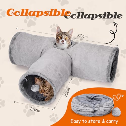Nobleza Katzentunnel, 3-Wege Faltbar Katzentunnel mit 1 Loch und Katzenspielzeug Ball, T-förmiger Katzenspieltunnel für Katzen, Kaninchen und Meerschweinchen, Grau