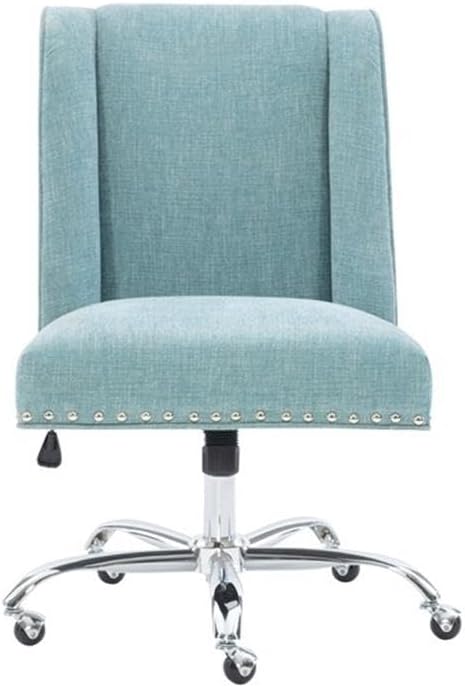 BOWERY HILL Transitional Fabric Armless Office Chair, Aqua Blue Upholstery with Chrome Base, Adjustable Height Gas Lift, Metal Casters, Silver Nail Head Trim, Stylish Home Office Seating, 275 lb