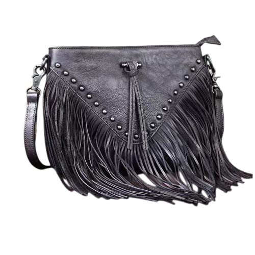 Image of IAMUHI Casual Rivets Fringed Shoulder Handbag for Women,Soft Vegan Leather Hippie Crossbody Purse Bag Hobo Bag