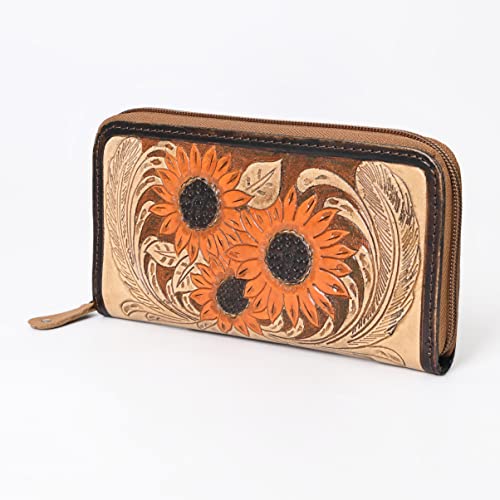 Western Go To Gear Sunflower Tooled Handmade Bifold Wallet (Tan & Orange)3