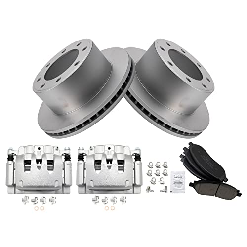 Image of TRQ Rear Brake Pad, Caliper, & Rotor Kit Ceramic Vented Premium G-Coated Compatible with 2006-2007 Ford F-250 Super Duty F-350 Super Duty