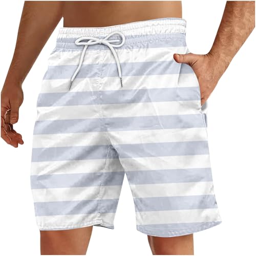 SMUXP Pantalones cortos de natación para hombre, diseño a rayas en contraste, cintura elástica, cordón y bolsillos, 4#azul claro, S