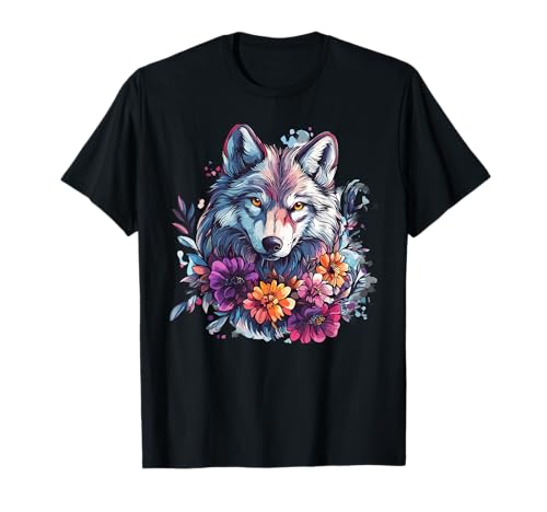 Lobo Colorido con Flores Silvestres Boho Mystic Camiseta