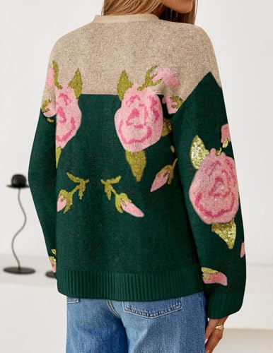 ZESICA Women's Floral Oversized Sweaters 2025 Fall Crewneck Long Sleeve Casual Chunky Knit Pullover Sweater Tops4