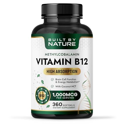 Built by Nature Vitamin B12 1000 mcg Methylcobalamin Softgels 360 Count Extra Strength Fast Dissolve Energy Metabolism & Nervous System Health Non GMO 1 Year Supply