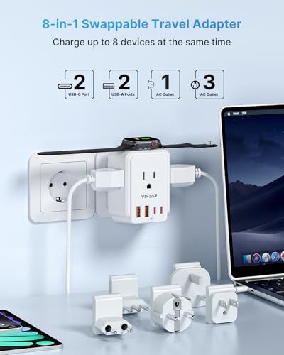 Image of European Travel Plug Adapter Kit, VINTAR International Power Adapter for Apple Watch Charger with 3 AC Outlets 4 USB Ports (2 USB C), Type A /C /G /E /F /L Detachable Plugs, US to Europe UK Italy Spain