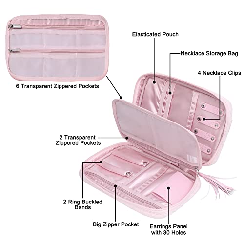 Mosiso Jewelry Box&Travel Jewelry Organizer Case, Jewelry Storage Case Organizer Stackable Double Layer Lockable Display Holder, Folio Portable Jewelry Storage Bag With Pu Handle, Black&Pink #TOP6