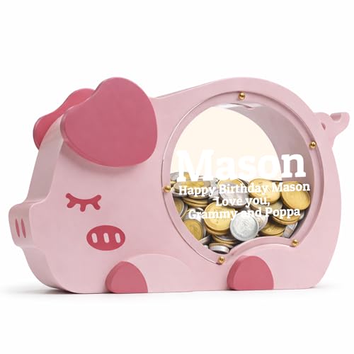 Image of Personalized Piggy Bank for Kids, Cute Money Bank for Girls, Clear Coin Bank with Plug, Wood Kids Bank Toy Unbreakable Money Box, Gift for Children Birthday Christmas and Decor
