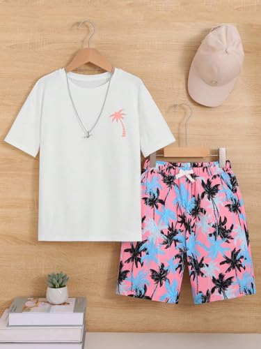 Image of RoseSeek Boy's 2 Piece Outfits Letter and Tropical Graphic Tees and Shorts