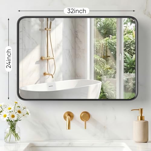 Image of NEWBULIG 24 inchx32 inch Wall Mirror, Bathroom Mirrors for Over Sink, Black|Matte Metal Framed Vanity Mirror with Tempered Glass, Entryway, Living Room, Bedroom
