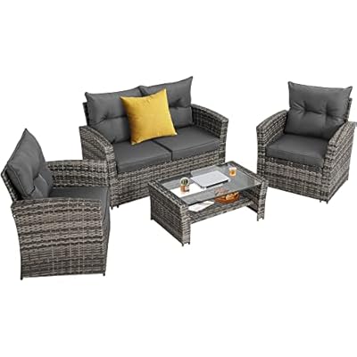 YOCONYO Outdoor Conversation Sets 4-Piece Wicker Rattan Sectional Sofa, Outside Patio Furniture with 2-Tier Glass Coffee Table for Balcony (Gray, 4 Piece)