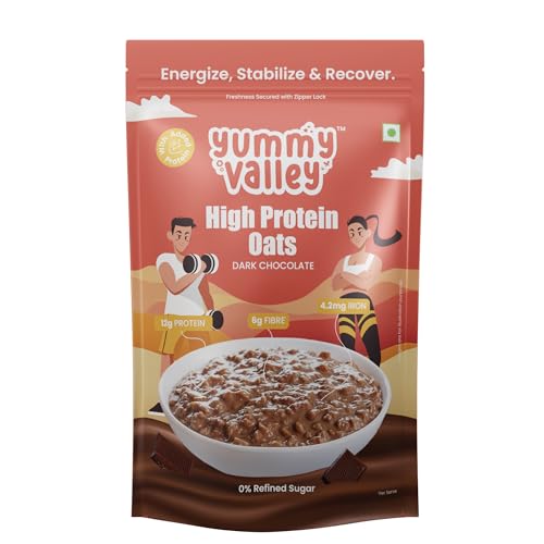 Image of Yummy Valley High Protein Oats for Adults, Dark Chocolate 230g | 12g Protein & 6g Fibre per Serve | Oats with Whey & Soy Protein | No Refined Sugar | High Protein Oats, Chocolate Breakfast Food
