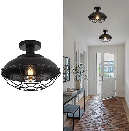 Industrial Close to Ceiling Light,Farmhouse Vantage Semi Flush Mount Ceiling Light Fixture,Black Shade,E26 Base,11.81inch 1-Light,Ceiling Lamp Fixture for Foyer Kitchen Island Foyer Hallway Entryway