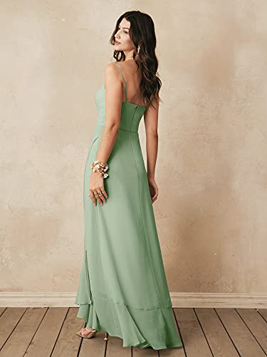 Alicepub Spaghetti Strap Sage Green Bridesmaid Dresses For Women Chiffon Long Formal Dress With Ruffled Skirt Hem, Custom Size #TOP1