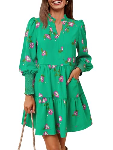 Image of Imily Bela Womens Fall Long Sleeve Tunic Dress Casual V Neck Tiered Dress | Loose,Swing,A-Line,Ruffled Collar,Puff Balloon Sleeve,Smocked Elastic Cuffs,Tiered Layered Ruffle Hem,Babydoll,Loose,Mini