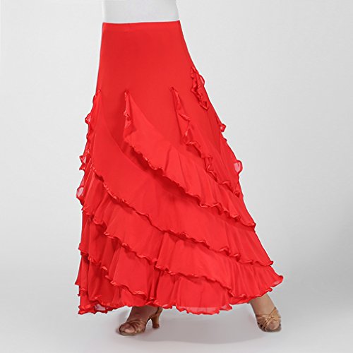 NC Baile Flamenco Valsa Dança Saia Grande Swing Faixa Elástica Vestido Longo - Vermelho