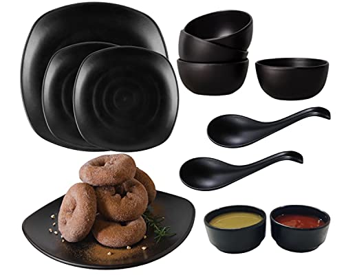 Home Decorise Melamine Matt Black Dinner Set for Kitchen, Unbreakable Dinnerware Sets for Dining Table, Serving Bowls and Tray (Matt Black, Square for 2 Person, Pack of 12 pcs)