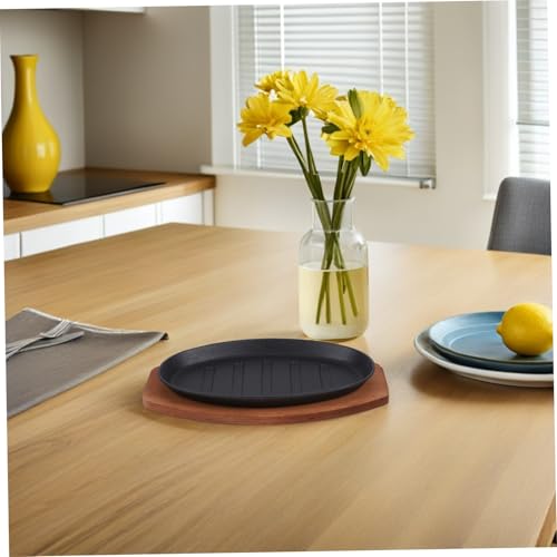 GOOHOCHY Cast Iron Fajita Sizzling Pan Non Stick BBQ Steak Plate for Indoor Grill with Even Heat Distribution Versatile Cooking for Meat Vegetables Seafood Family Serving Board - Image 2