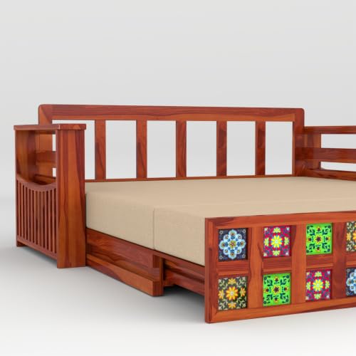 Image of Solid Sheesham Wood Sofa Cums Bed with Mattress & Storage | Rosewood Convertible Sofa Bed for Living Room & Bedroom (F-Honey, 3 Seater)