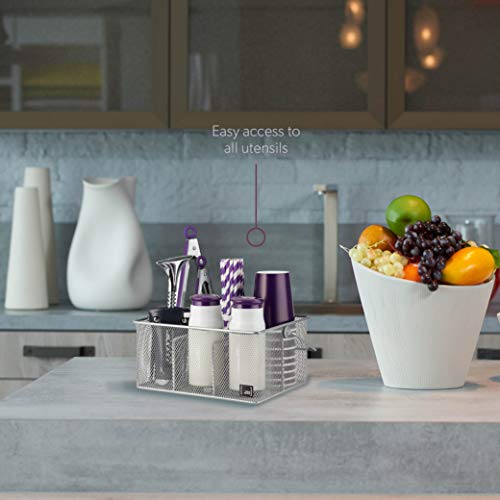 Utensil Holder By Mindspace, Kitchen Condiment Organizer and Flatware Utensil Caddy | The Mesh Collection, Silver