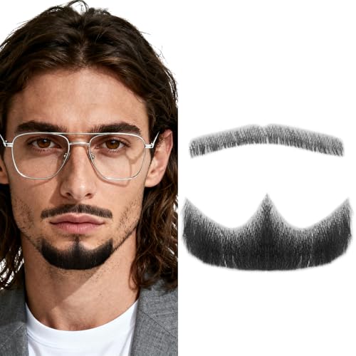 puheca Fake Beard Goatee Mustache Realistic Natural Looking Fake Goatee Facial Hair Invisible full lace 100% Handmade False Beards for Halloween Cosplay Parties Drama Movie Makeup (3#Black)
