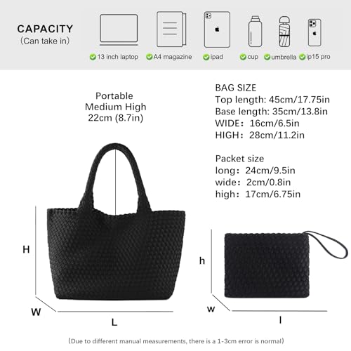 Image of Woven Bag for Women, Large Neoprene Tote Bag Summer Beach Handbag Purse Retro Handmade Travel Shoulder Bag Set