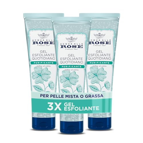 Acqua alle Rose, Gel Esfoliante Quotidiano Purificante per Pelli Normali, Miste o Grasse, Scrub Viso Delicato con Attivi Astringenti di Rosa Multiflora, Deterge, Esfolia e Purifica - 3 Pezzi da 150 ml