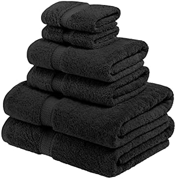 SUPERIOR Solid Egyptian Cotton Towel Set, Washcloths 13” x 13”, Hand Towels 20” x 30”, Bath Towels 30” x 55”, Black, 6-Pieces