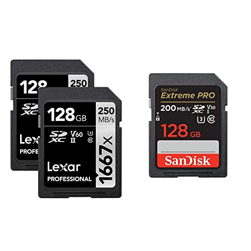 Lexar Professional 1667x 128GB (2-Pack) SDXC UHS-II Cards & SanDisk 128GB Extreme PRO SDXC UHS-I Memory Card - C10, U3, V30, 4K UHD, SD Card - SDSDXXD-128G-GN4IN
