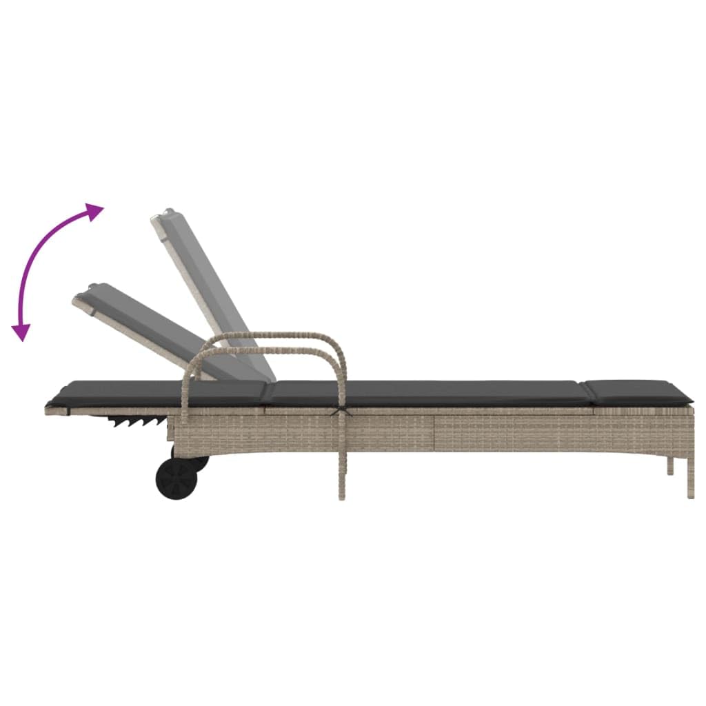 Lettino Prendisole con Ruote e Cuscino Polyrattan Grigio Chiaro Letto Relax da Giardino con Schienale Regolabile 3 Posizioni, Sdraio da Esterno con Ruote, Resistente ai Sfoderabile Lavabile 110kg
