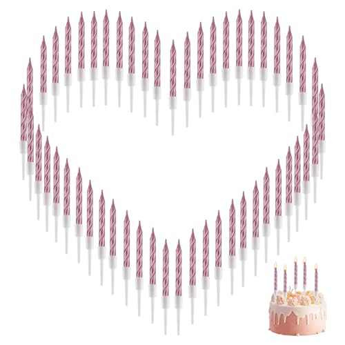 Pack of 60 Cake Candles, Rose Gold, Sparklers, Spray Candles for Cake Ische Spiral Birthday Candles in Metallic, Cake Candles with Holder, Smokeless Candle 7.5 cm, for Cakes at Birthday Wedding