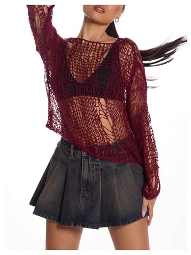 Image of SHENHE Women's Distressed Grunge Bikini Coverup Y2k Gothic Hollow Out Rock Concert Top