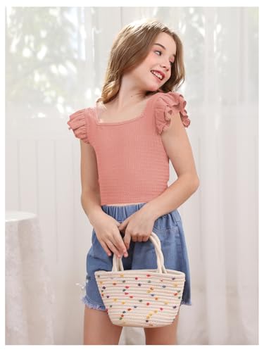 Image of OYOANGLE Girl's Casual Solid Ruffle Trim Cap Sleeve Square Neck Cute Crop Tank Tops T-Shirts